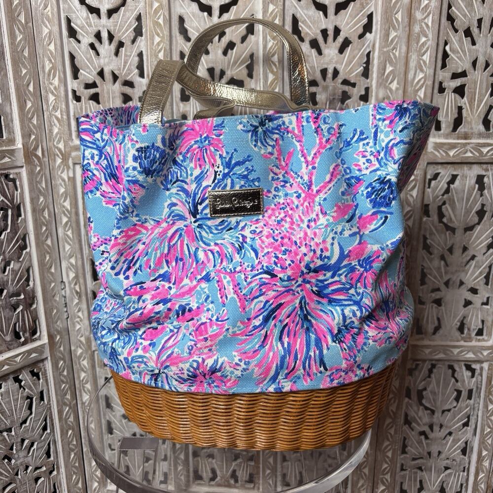 Lilly Pulitzer Wicker Canvas Beach Tote Bag Celestial Blue Seek Sea Coral